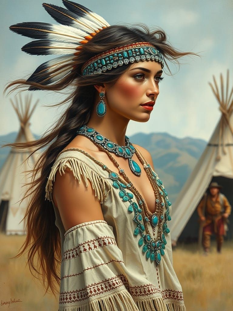 Native American Princess Portrait in Mixed Media Style