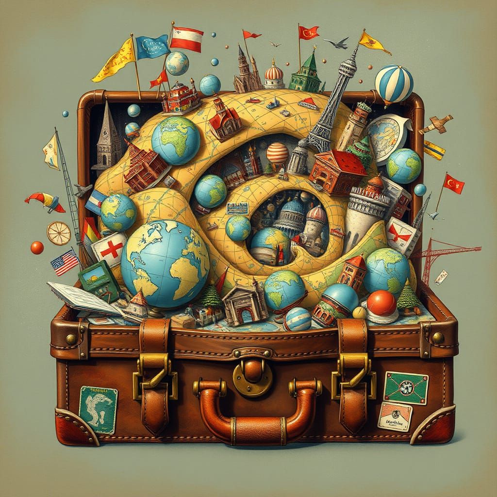 Vintage Suitcase Overflowing with Colorful Maps and Miniatur...