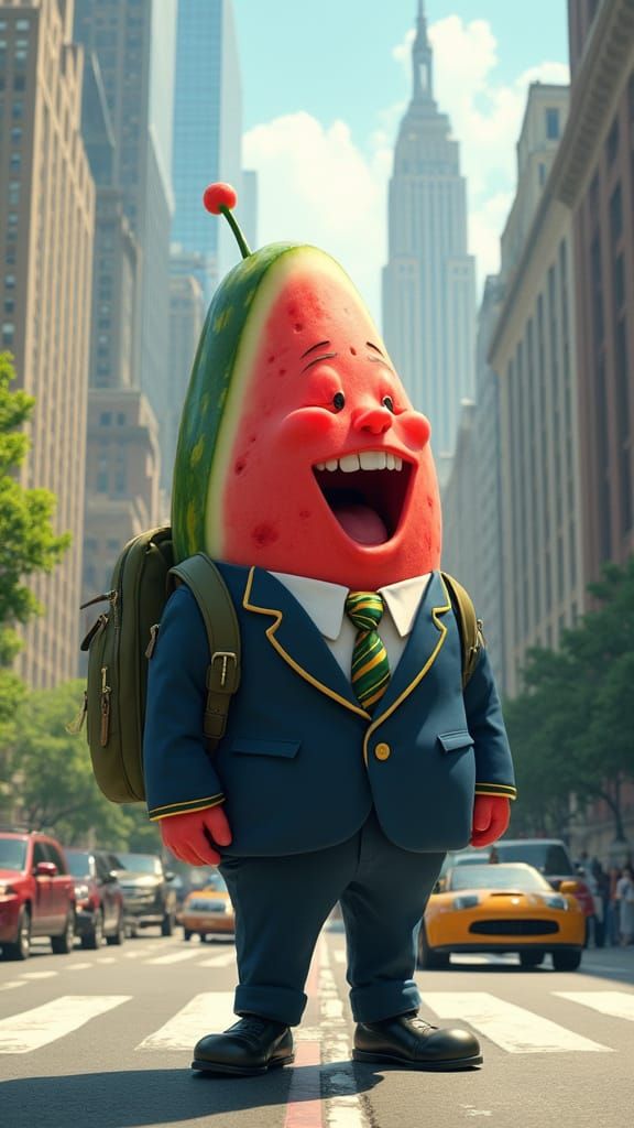 Anthropomorphic Watermelon Character in Cityscape, Digital A...