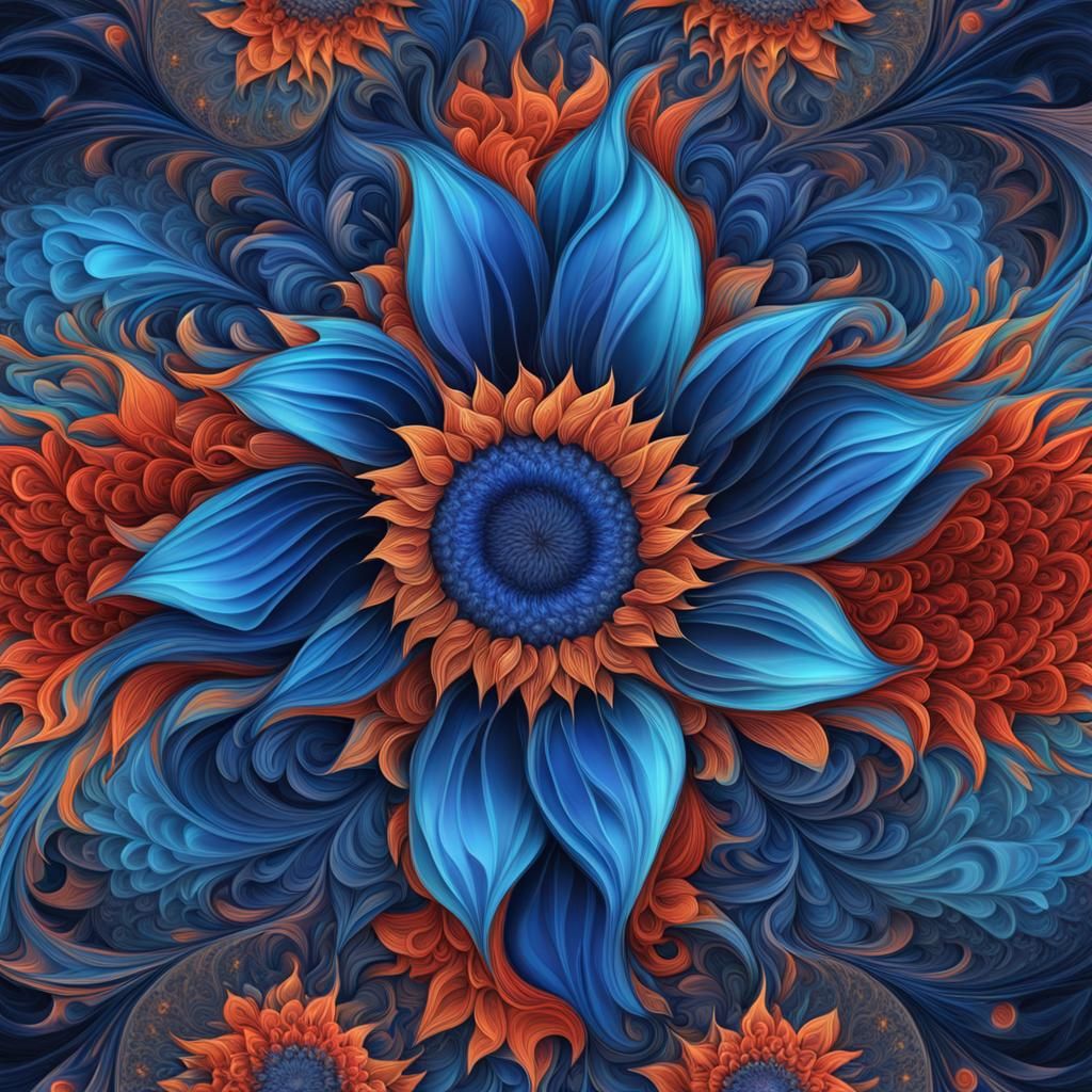 Holographic Blue Sunflowers in Cosmic Illustration