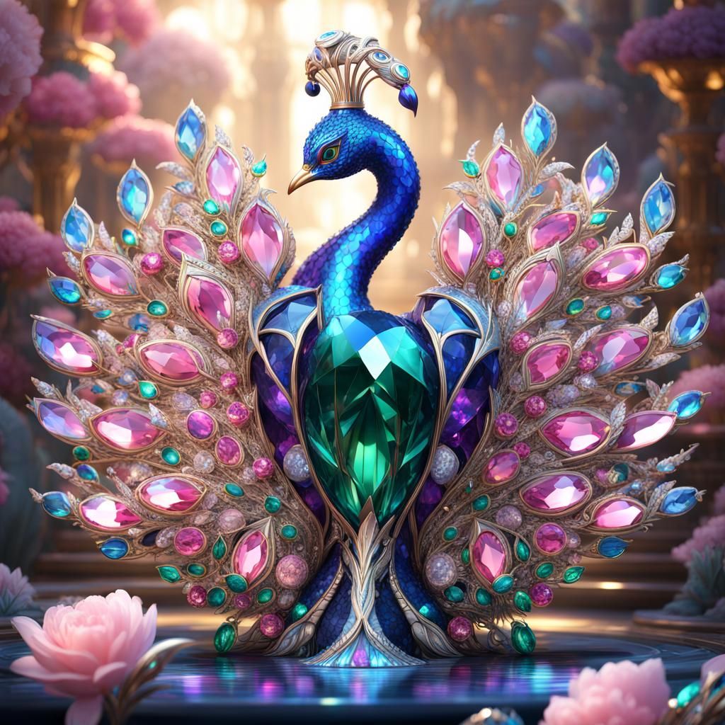 Crystal Peacock with Fairies and Jewels
