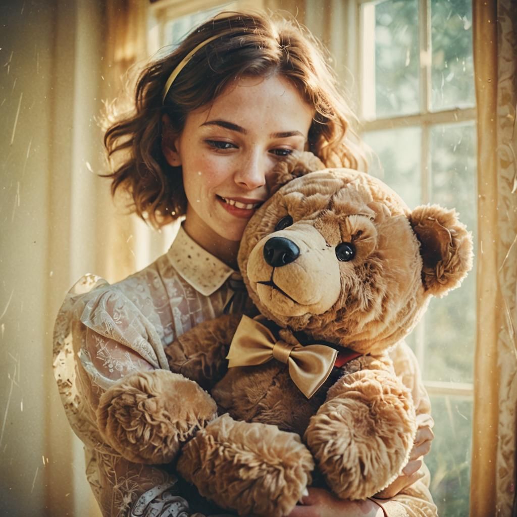Joyful Woman and Teddy Bear in Double Exposure