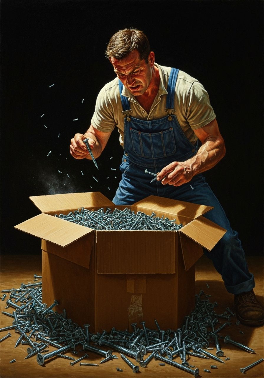 Man Frantically Searches Box of Screws for a Nail