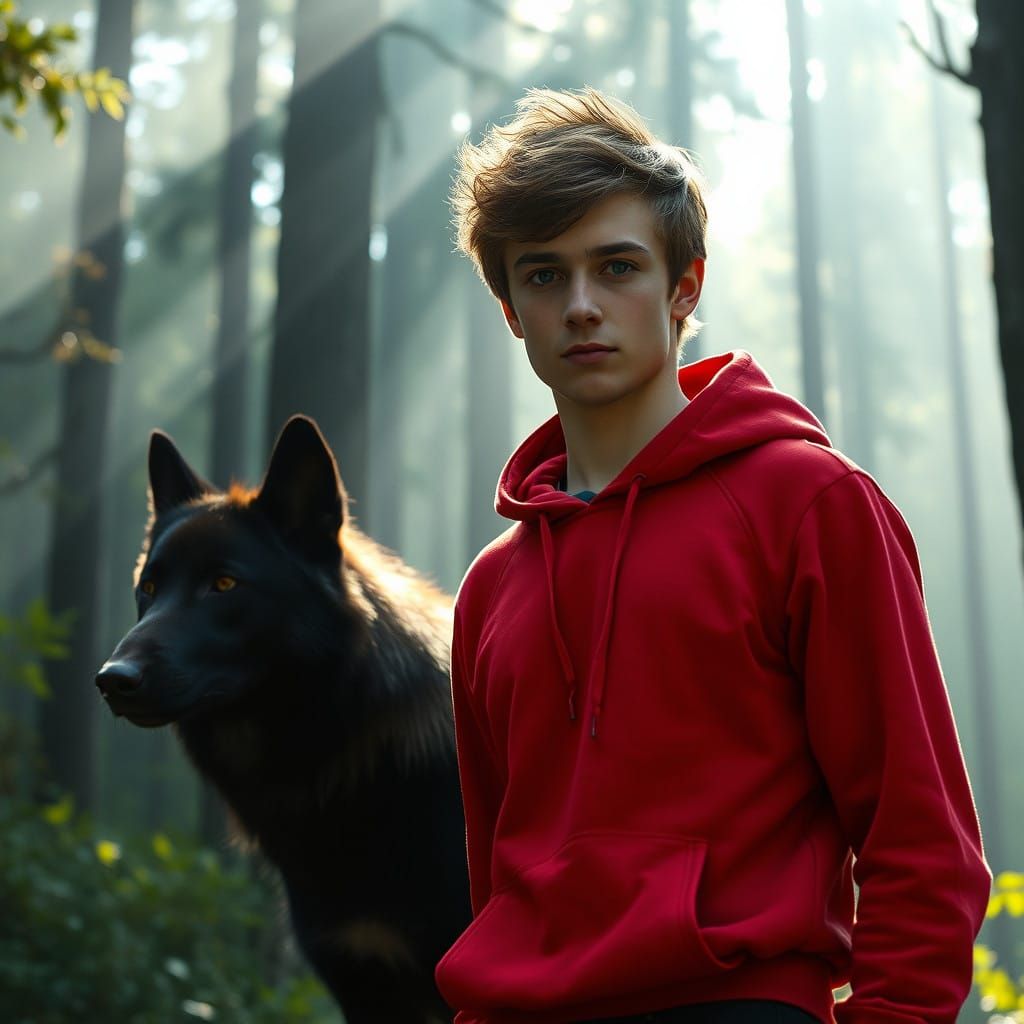Ethereal Youth beside a Majestic Wolf in the Misty Forest