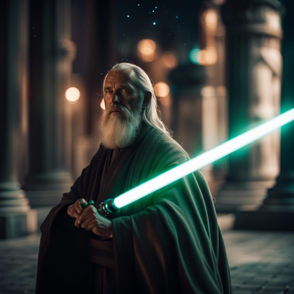 Meditating Jedi Master with Cyan Lightsaber