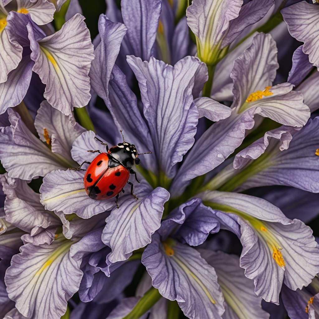 Detailed Ladybug on Iris Flower Macro Photograph