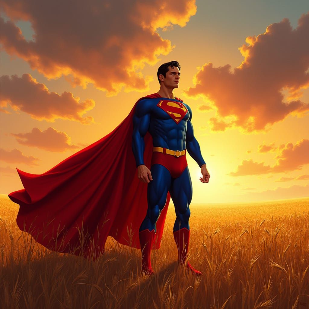 Superman in Wheat Field: Hyper-Realism Sunset