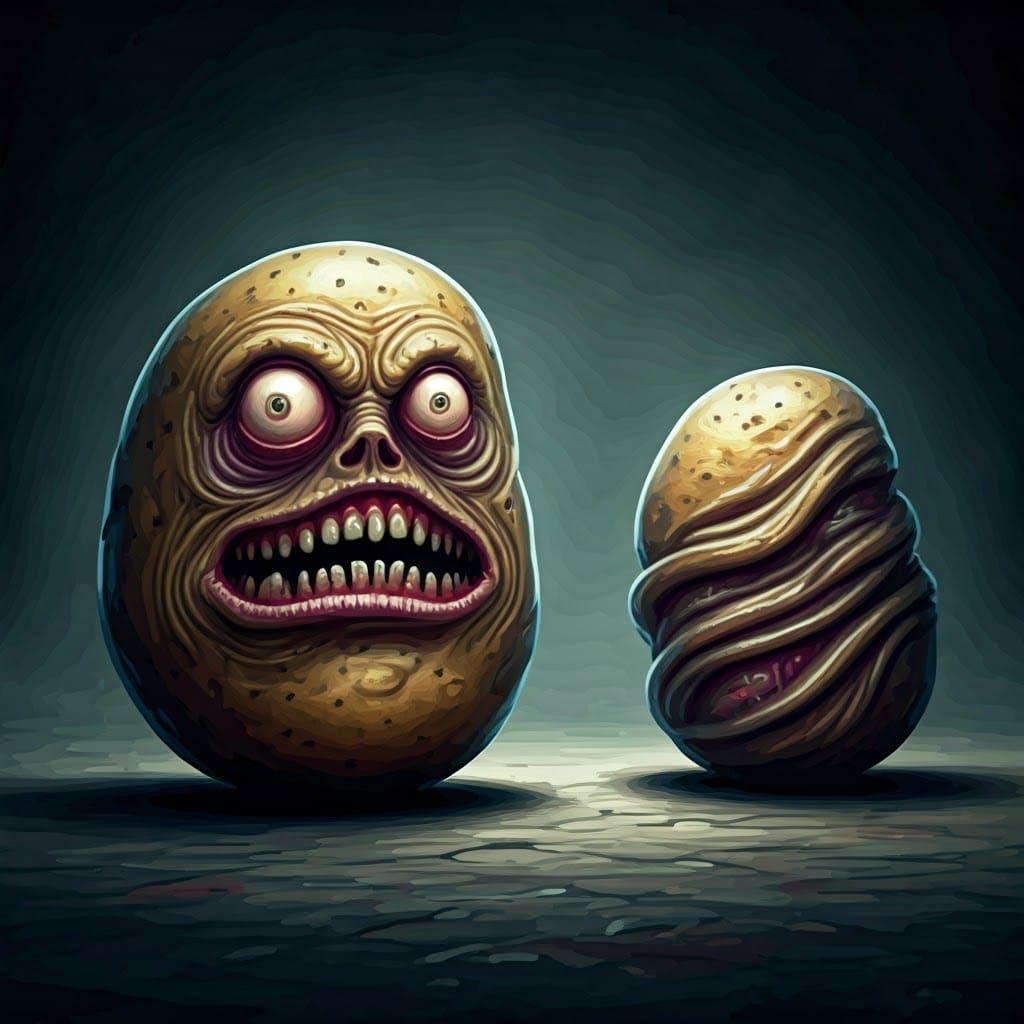 Menacing Potatoes in Dark Fantasy Gouache Style