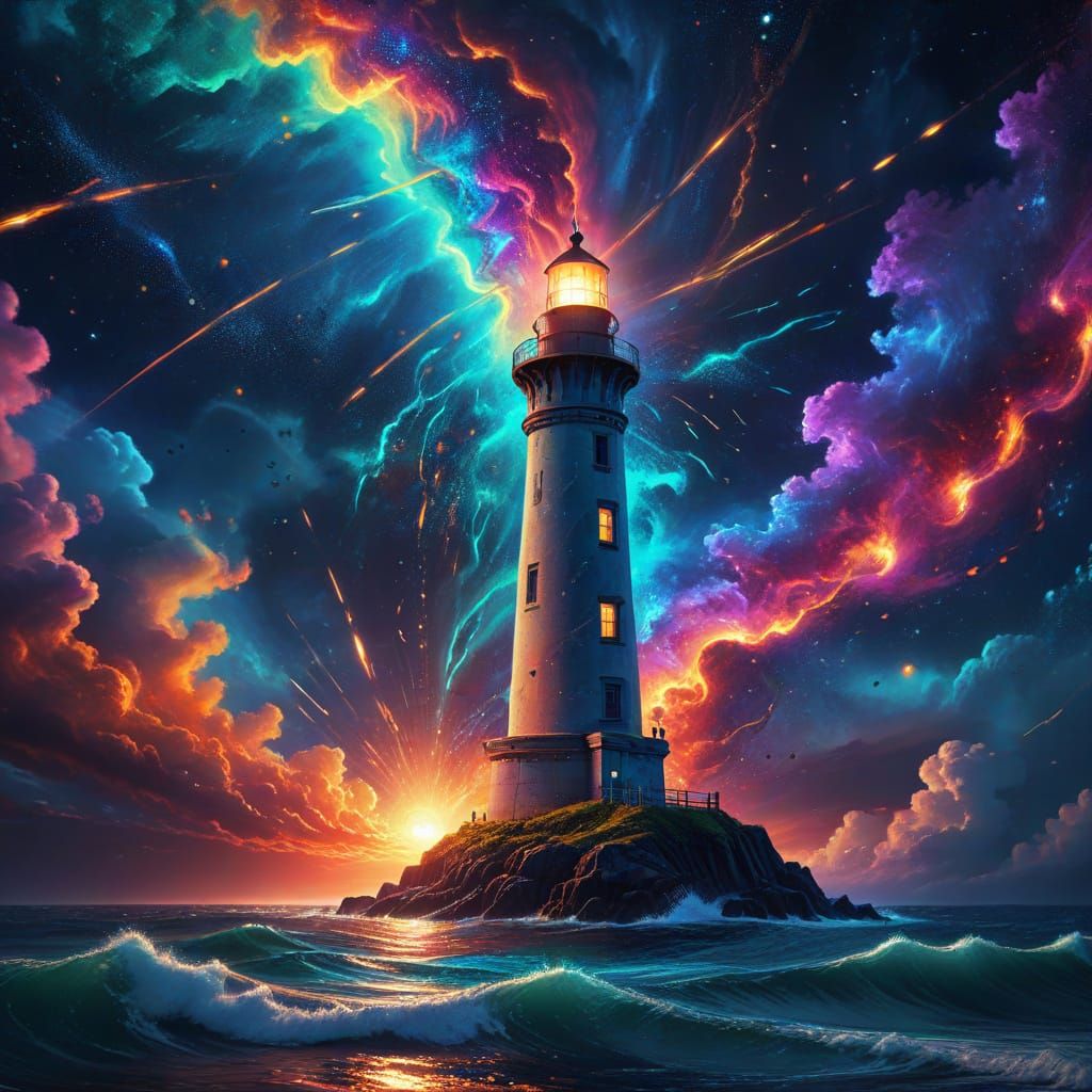Solitary Lighthouse in Cosmic Storm, Astral Illustration