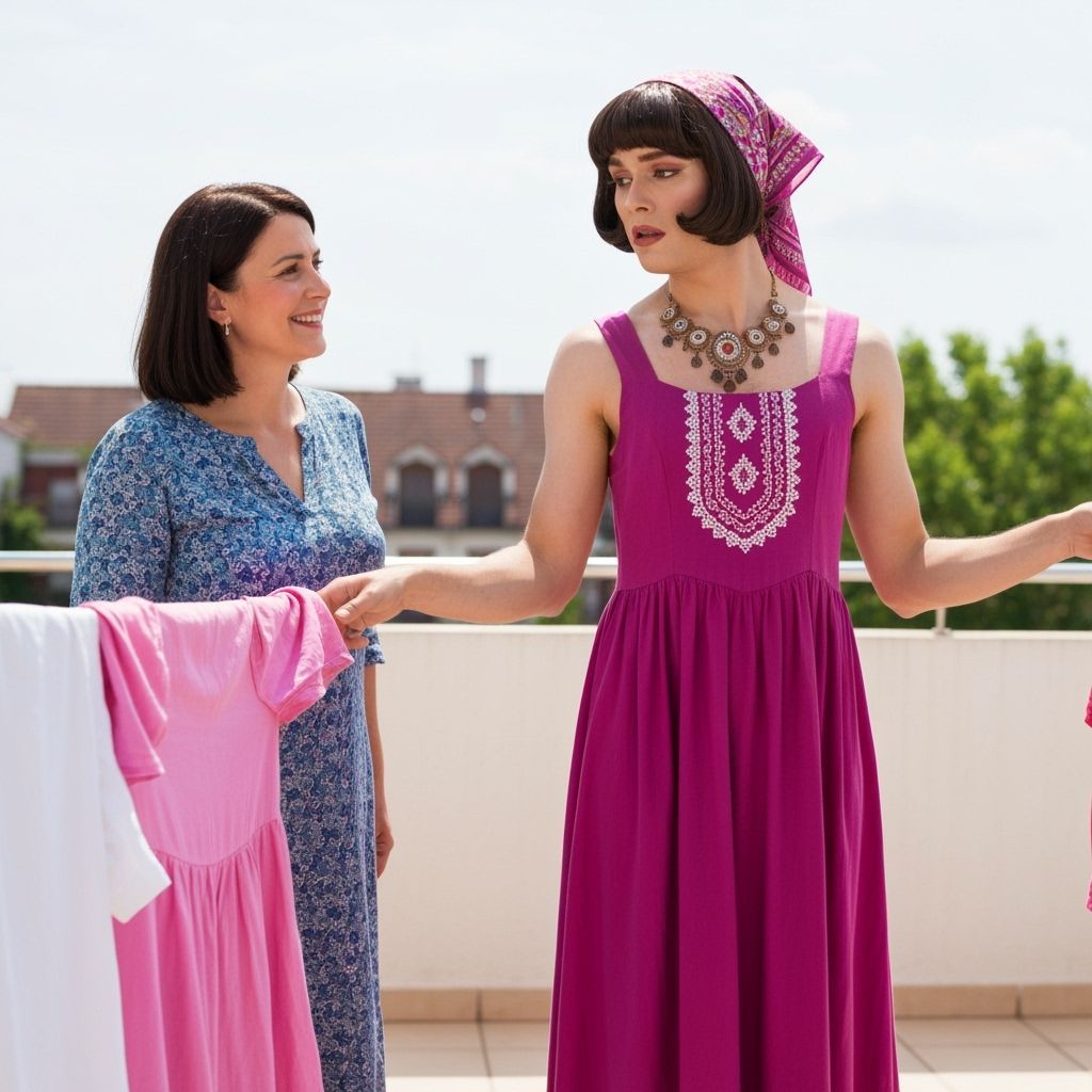 Young Man Crossdressing in Magenta Dress on Sunny Terrace