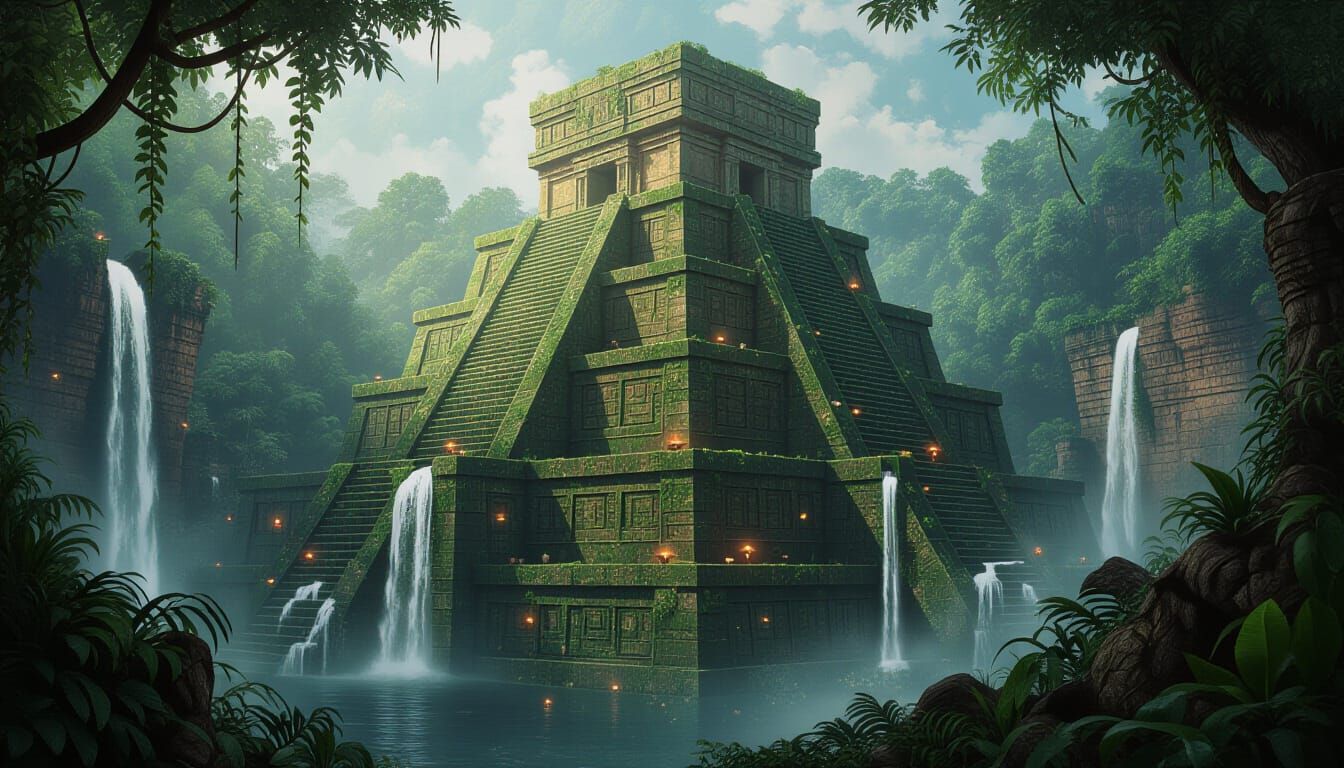 Lost Jungle Ziggurat City with Waterfalls