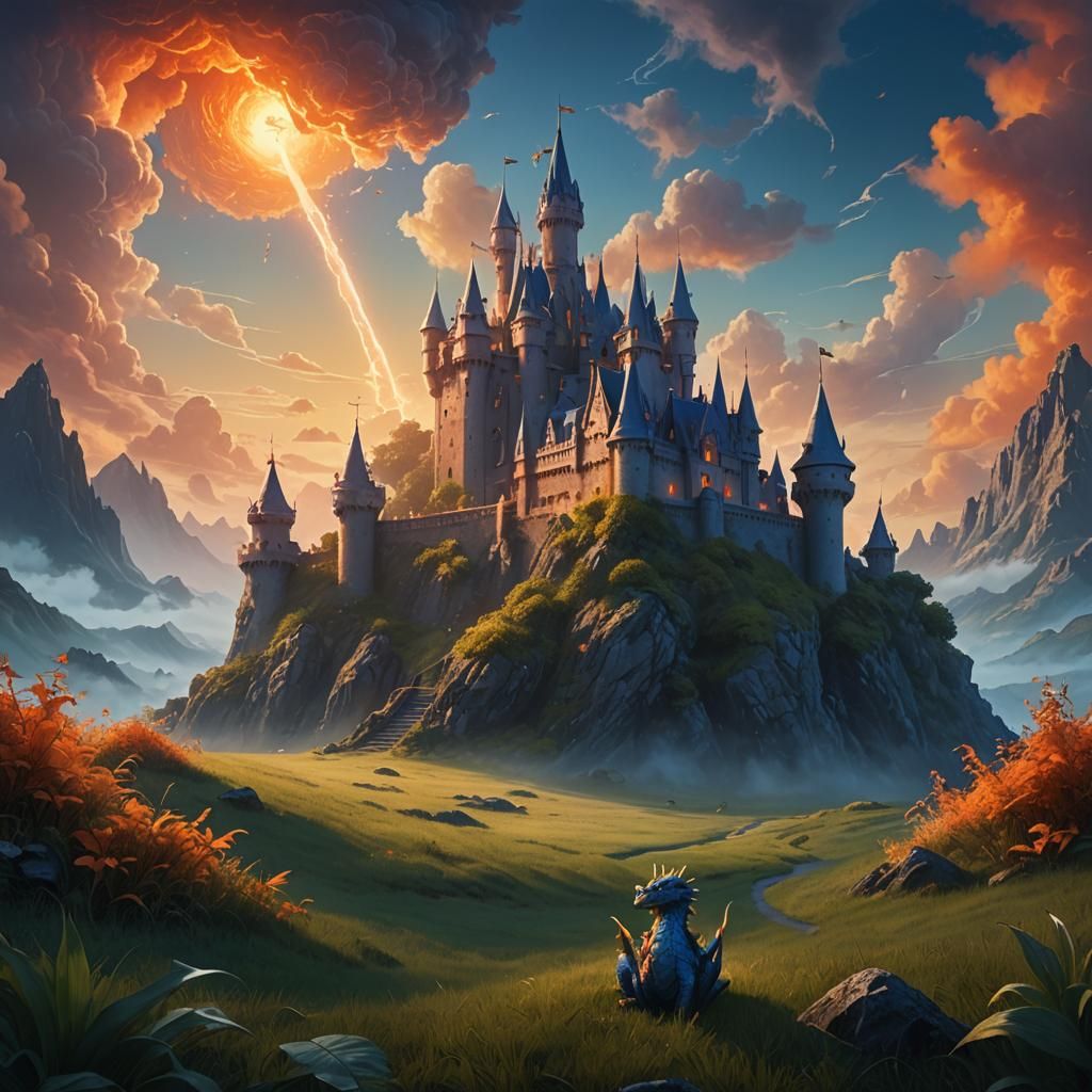 Magical Castle with Baby Dragon: Fantasy Concept Art