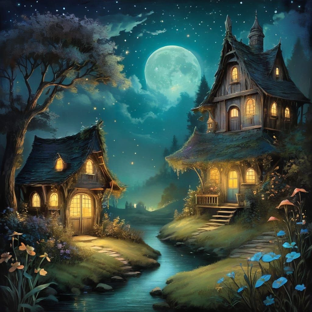 Whimsical Fairy Scene in Vintage Distressed Style