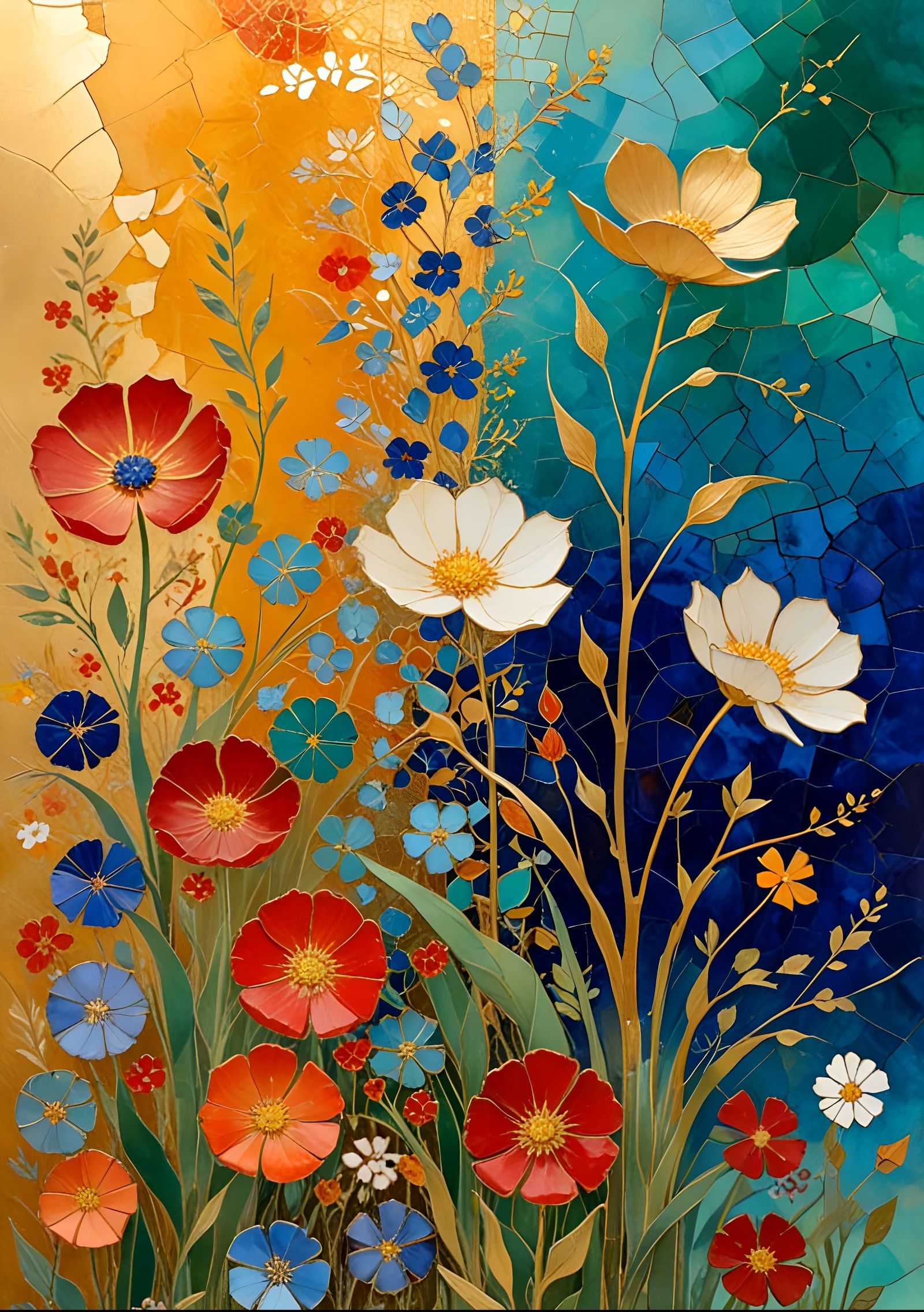 Surreal Floral Mosaic in Vibrant Ochre and Carmine Tones