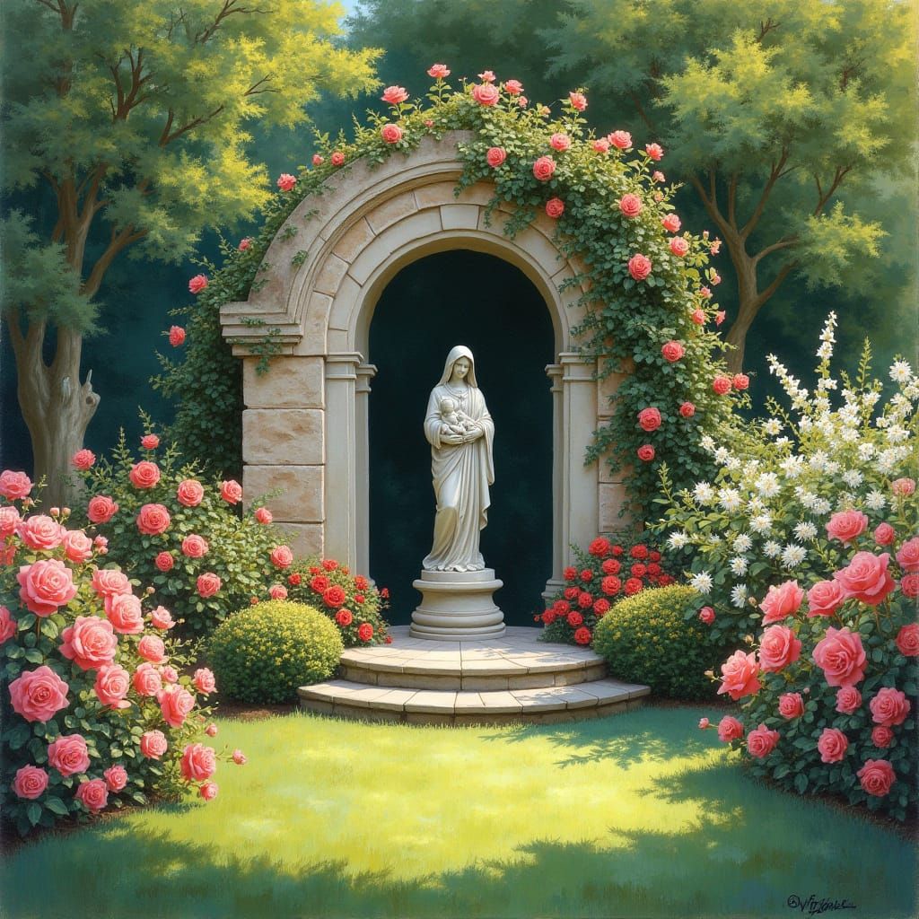 Dreamy Impressionist Rose Garden with Mother Mary Statue