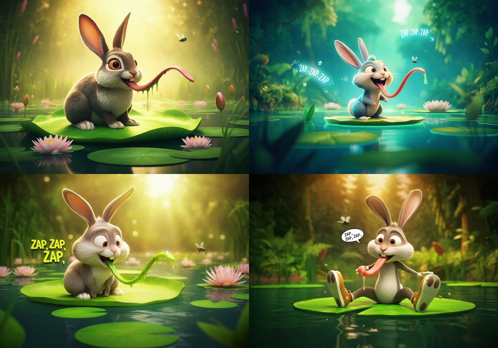 A rabbit sitting on a Lilypad zapping a fly for dinner