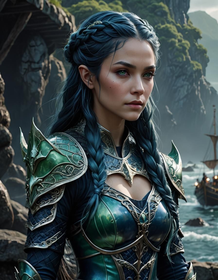 Sinister Sea Elf in Dark Blue Armor Ink Drawing