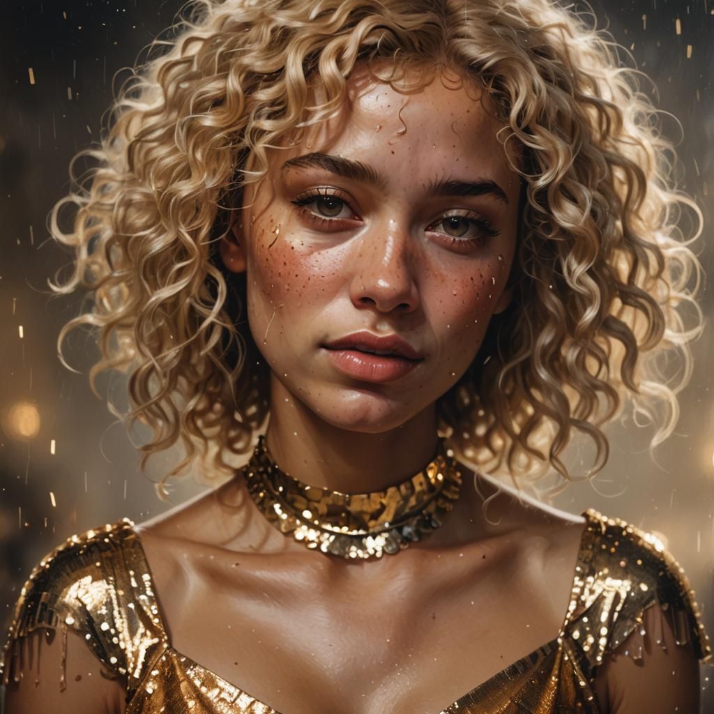 Emotional Portrait of a Girl Crying in Gold Dress