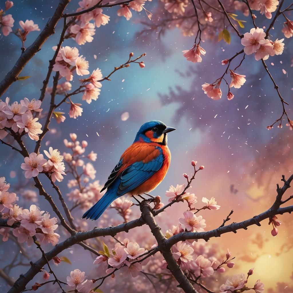 Vibrant Bird on Blooming Branch, Impressionist Style