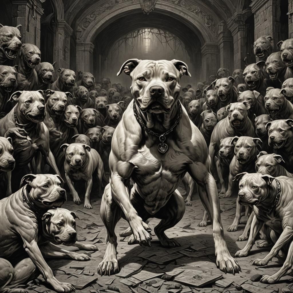 Horror Pitbull in Doré Engraving Style