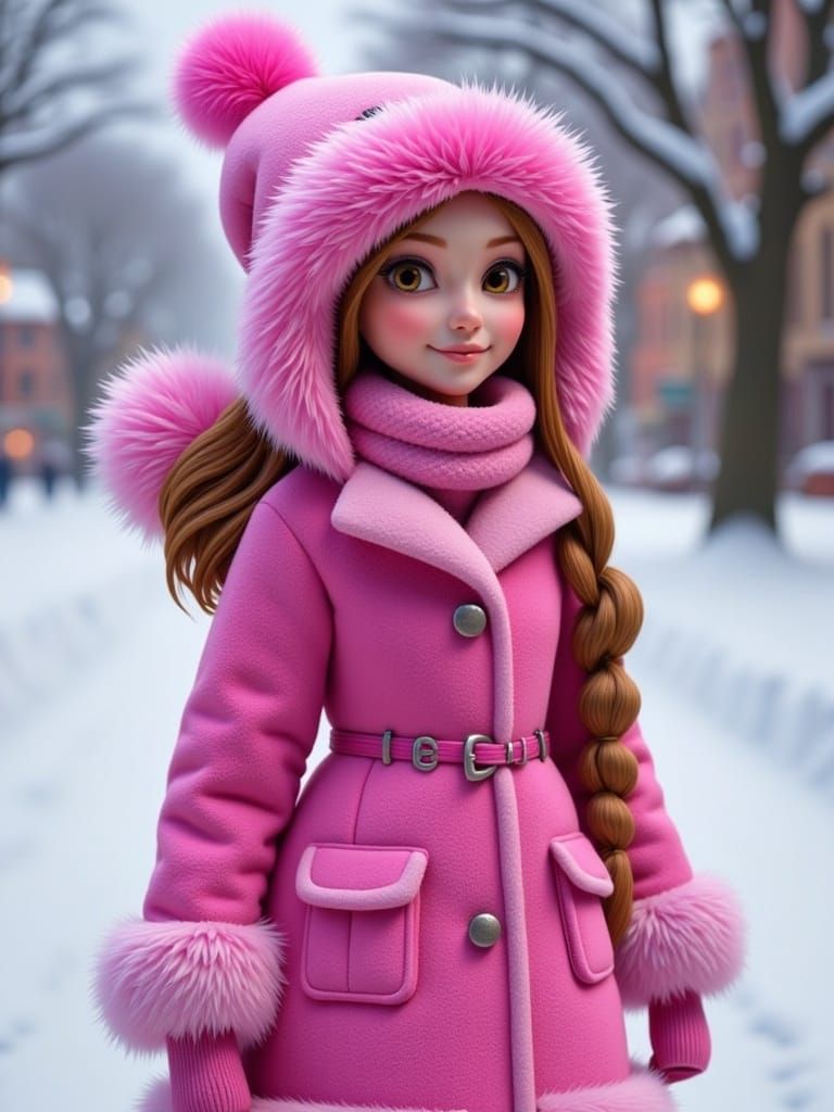 Cartoon Snow Woman in Parka with Sun Hat