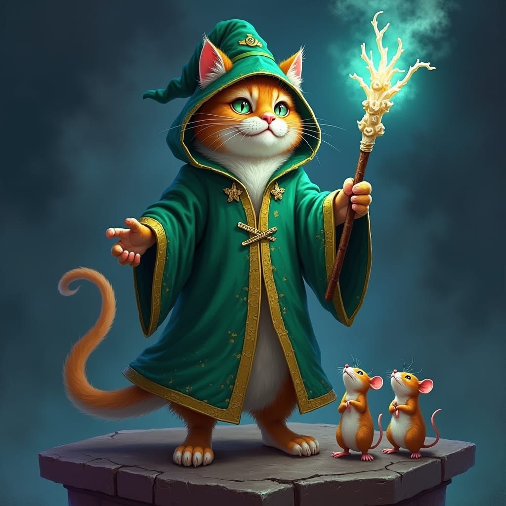 Wizard Cat Casting Spell in Matte Painting Style