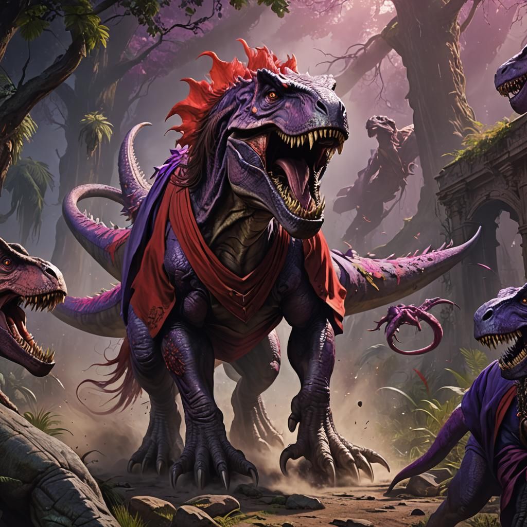 Grinning T-Rex with Hair in Detailed Painting