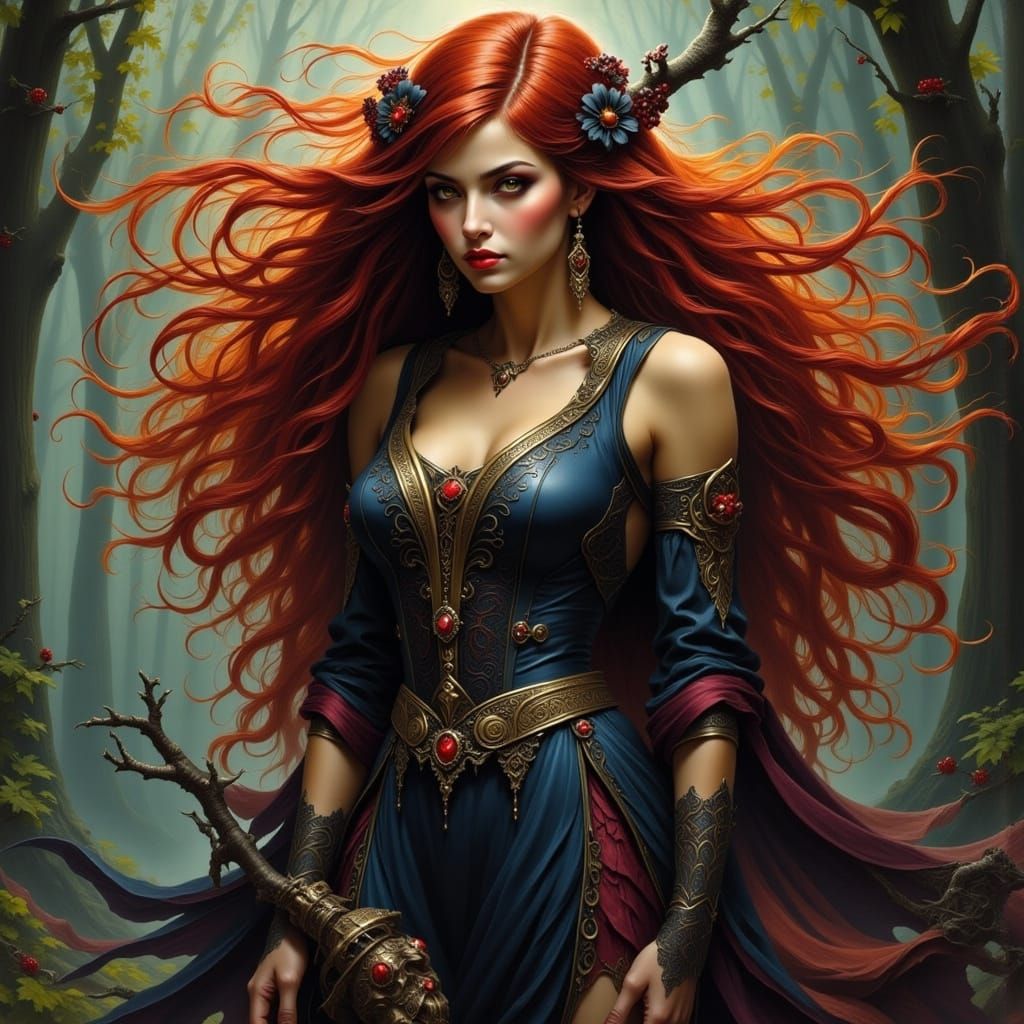 Beautiful Witch with Flowing Hair in Surreal Style