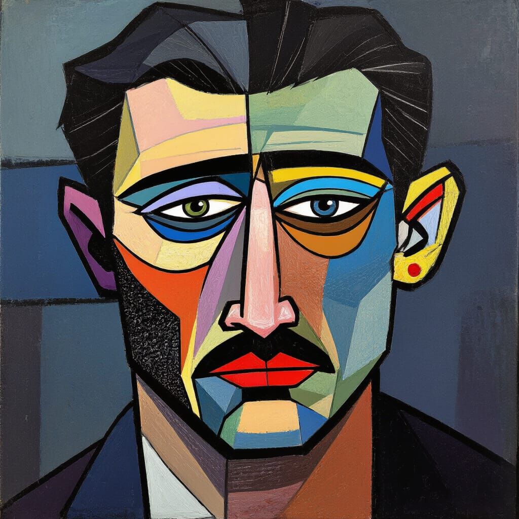 Cubist Shattered Heart in Melancholic Blues and Greys