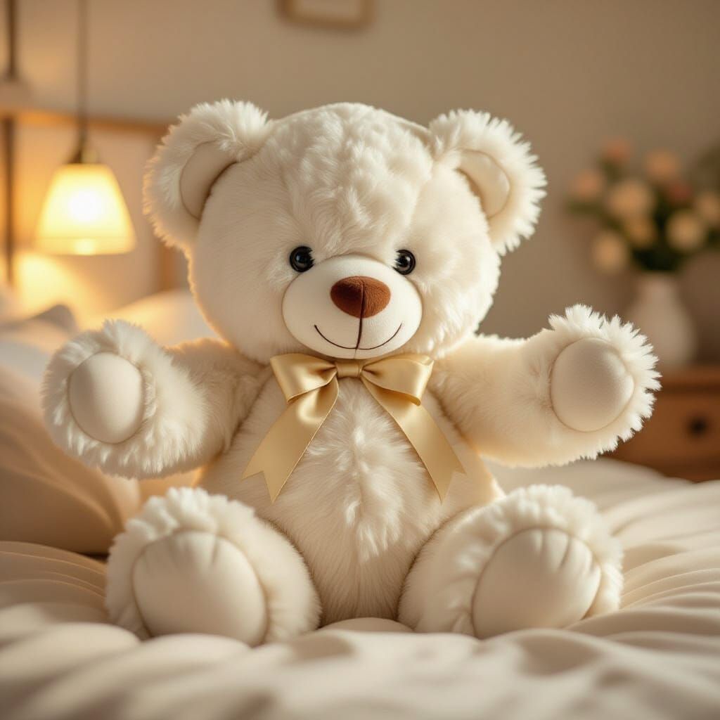 Giant White Teddy Bear With Kind Eyes in Cozy Bedroom