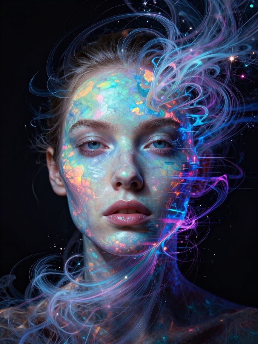 Glitch Opal Portrait with Epic Chiaroscuro Tornado