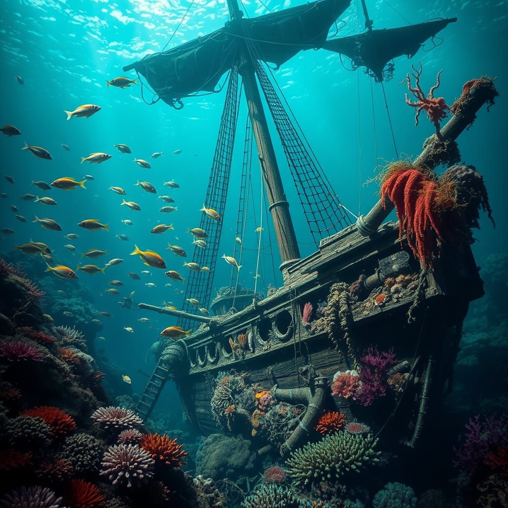 Laying ancient, sunken galleon, now home to a vibrant ecosystem of marine life. Schools of colorful fish dart through th...