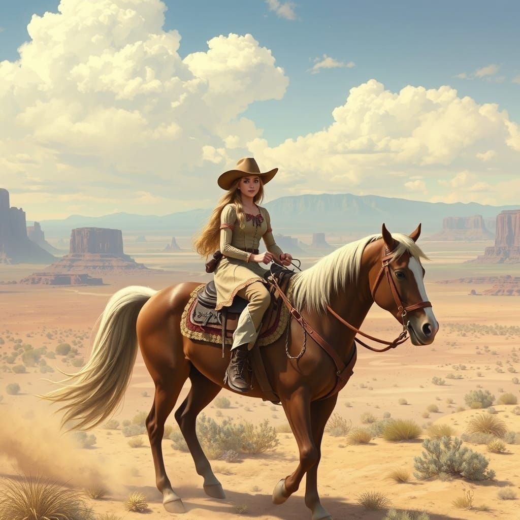 Rapunzel Cowgirl in Desert Landscape, Whimsical Art