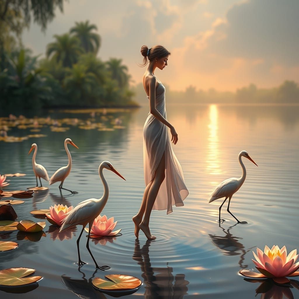 Enameled Glass Fashion Model at Serene Lake