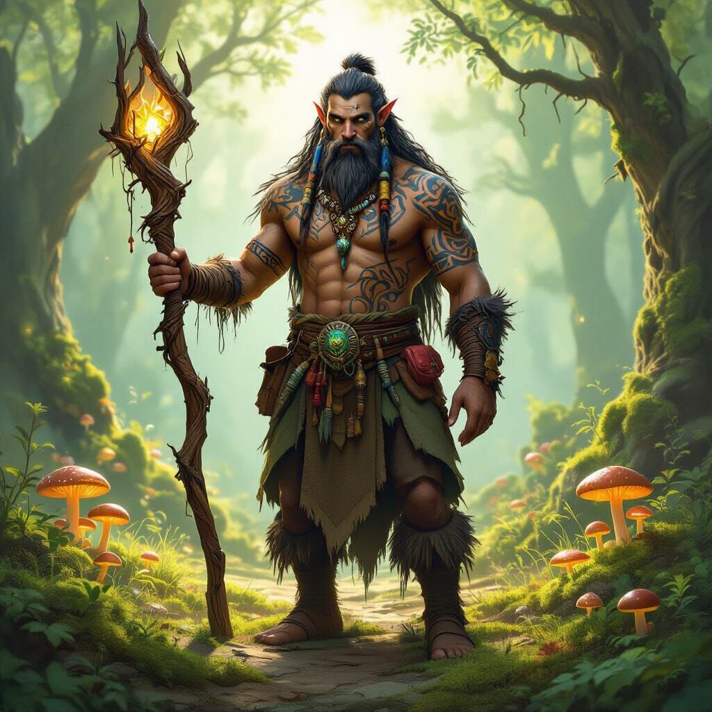 Firbolg Druid with Tribal Tattoos in Sunlit Forest