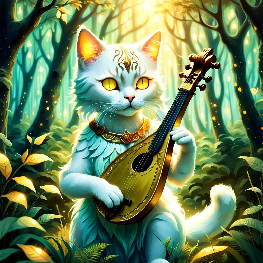 Enchanting Fantasy Female Cat Plays Lyre in Whimsical Forest...