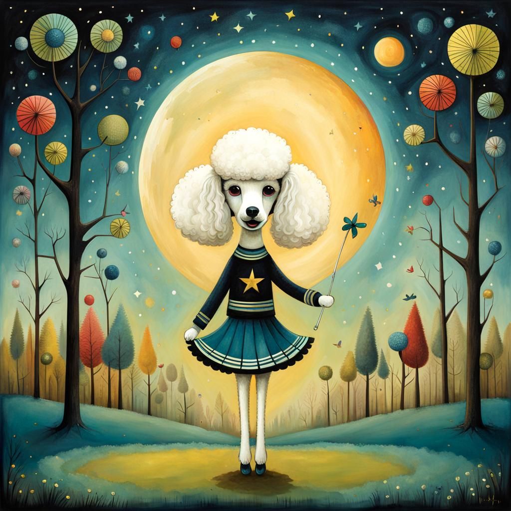 Whimsical Cheerleader Poodle in Surreal Style