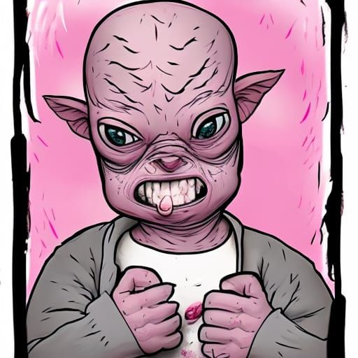 Creepy Caricature of Deformed Piglet Giggling Sadistically