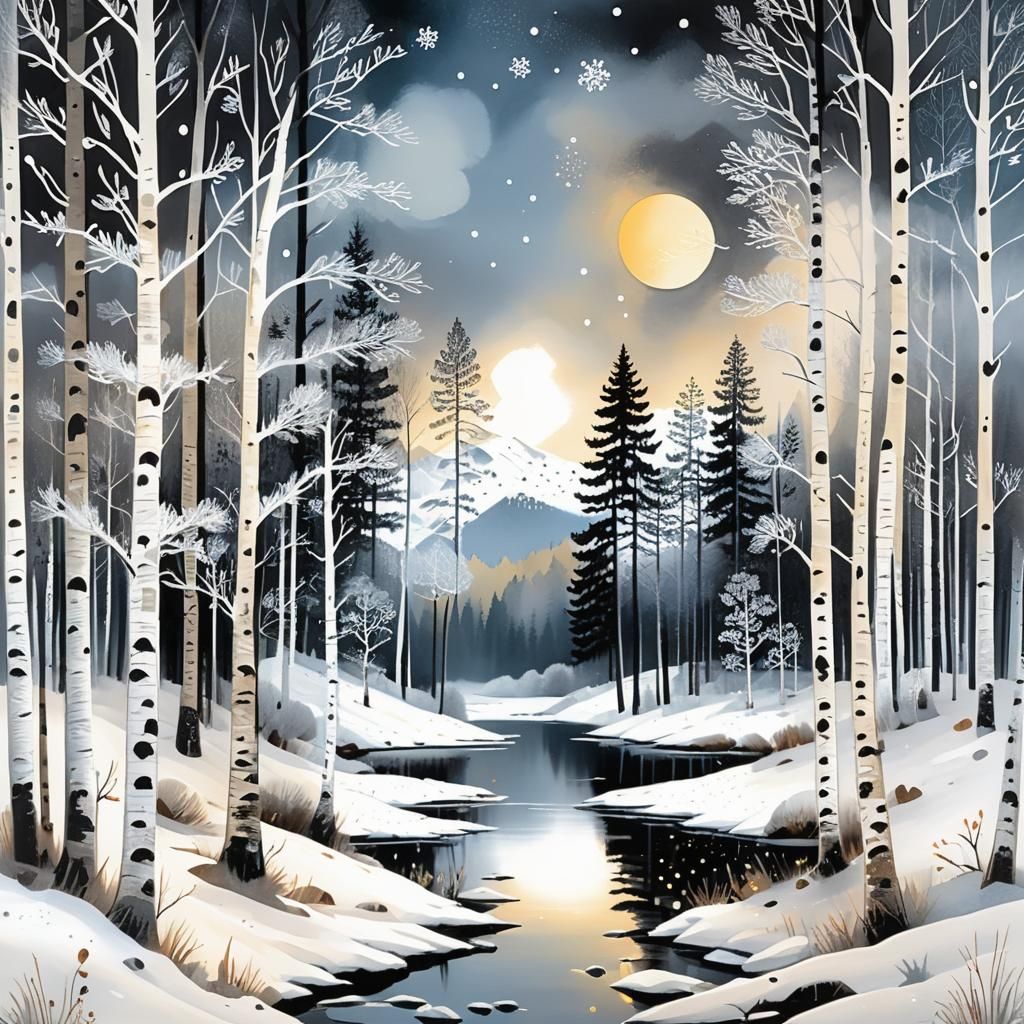 Misty Winter Birch Forest at Sunrise in Art Brut Style