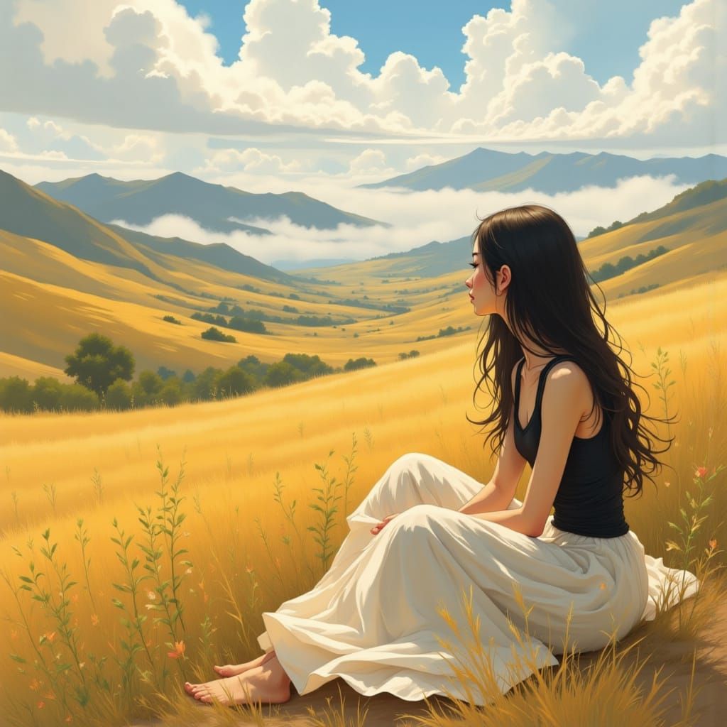 Woman in Golden Field: Painterly Ghibli Illustration