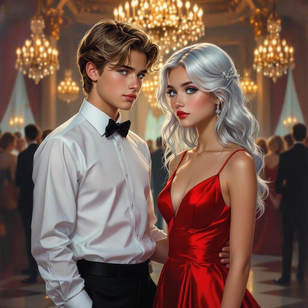 Couple at Formal Ball in Romantic Oil Painting Style