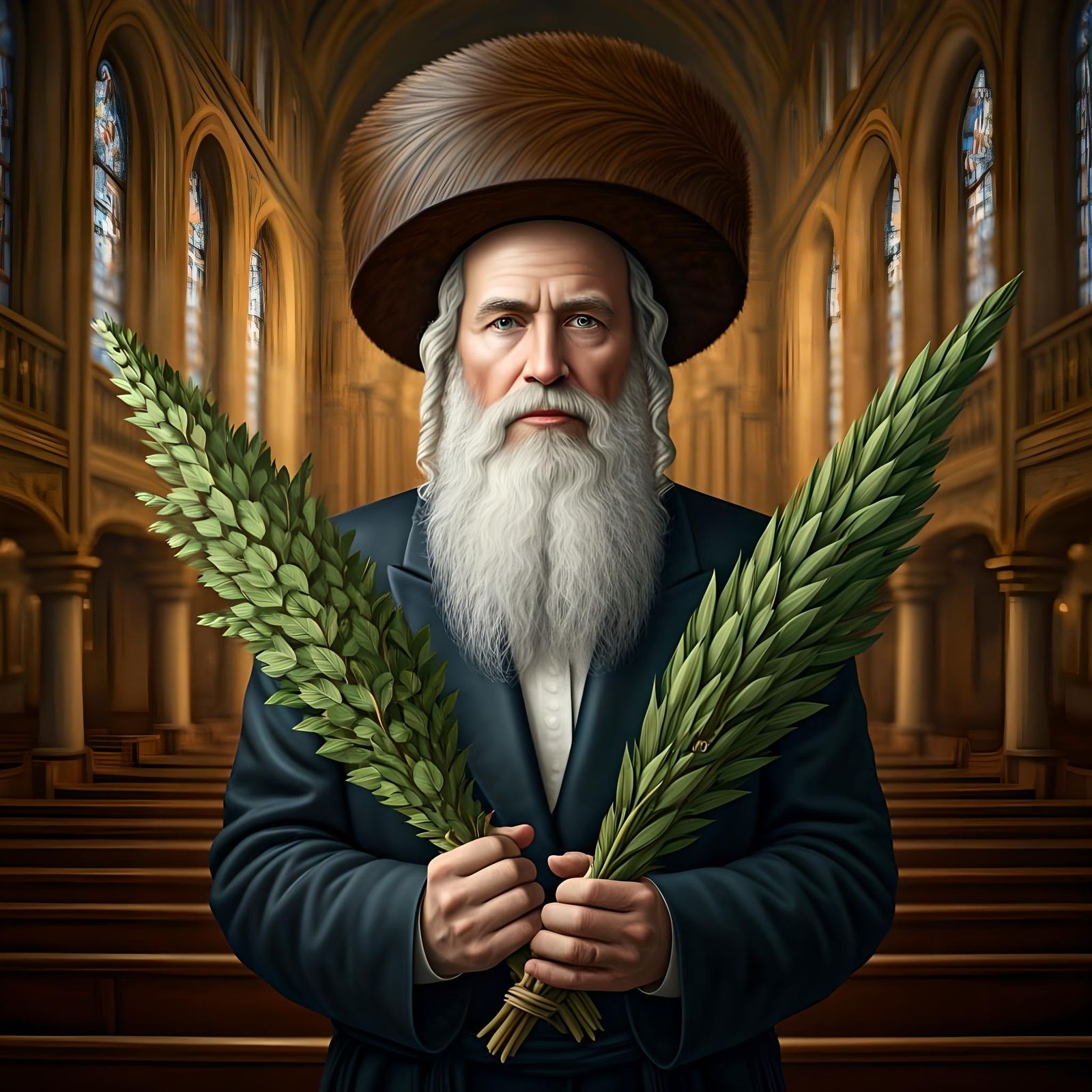 Hasidic Rabbi Holding Four Species in Synagogue