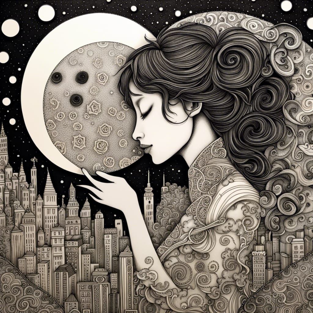 Yin and Yang Couple Kissing in Moonlit Cityscape