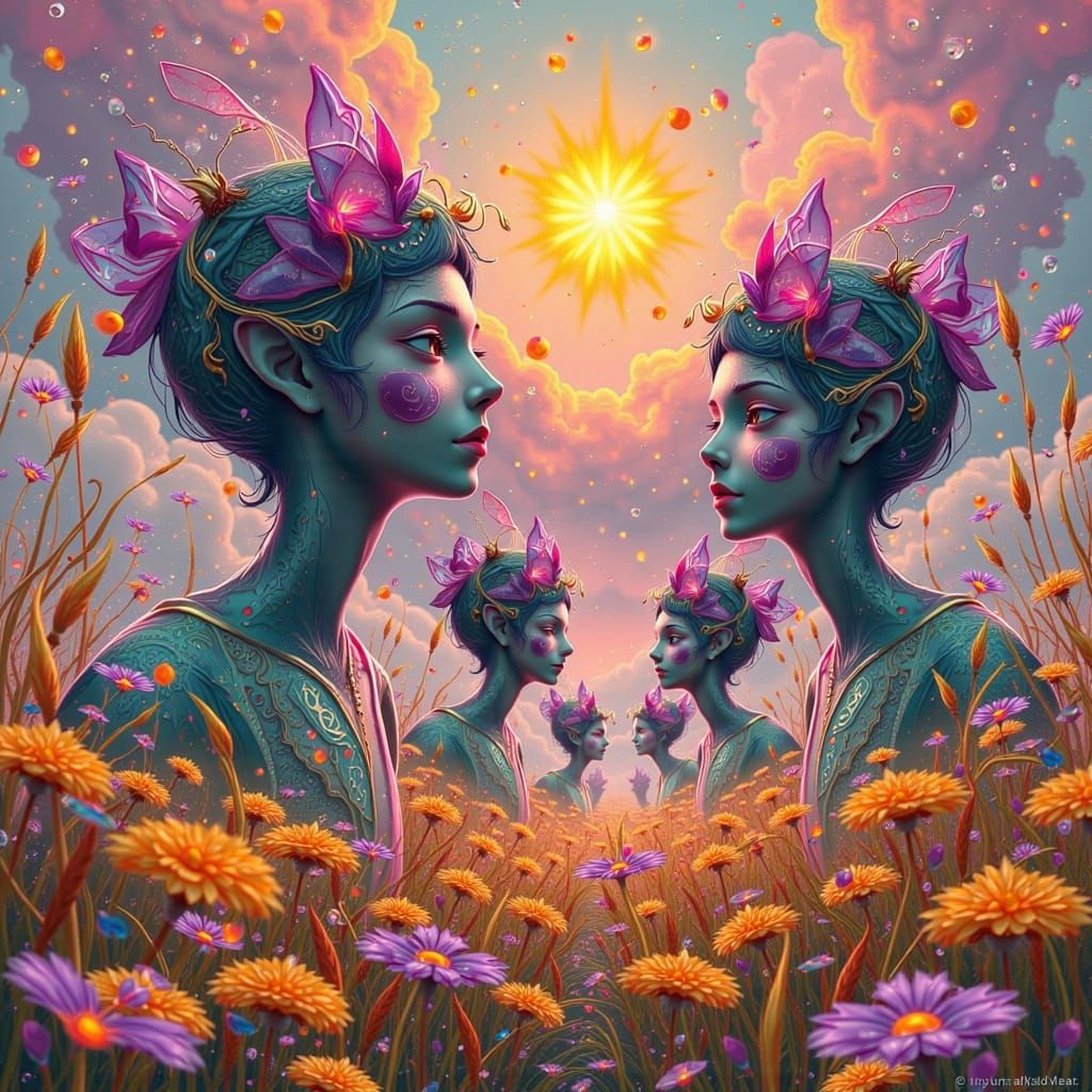 Surreal Landscape with Amber Grain and Weathered Faces