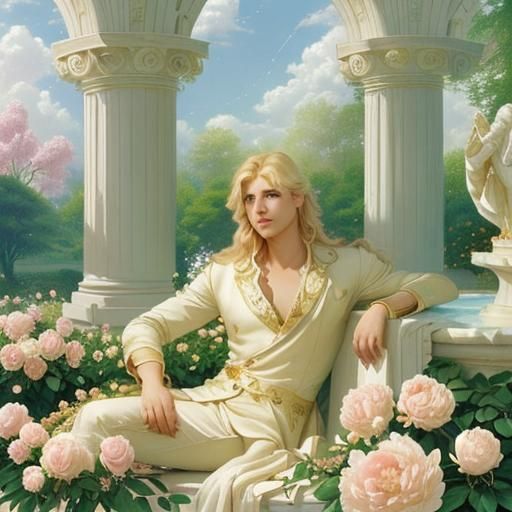 Apollo in Sunlit Garden with Peonies