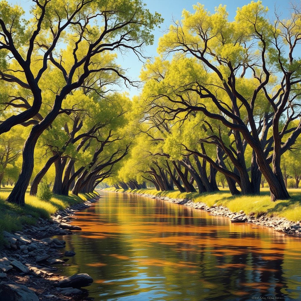 Cottonwood Trees Lining Tranquil Rio Grande Riverbank