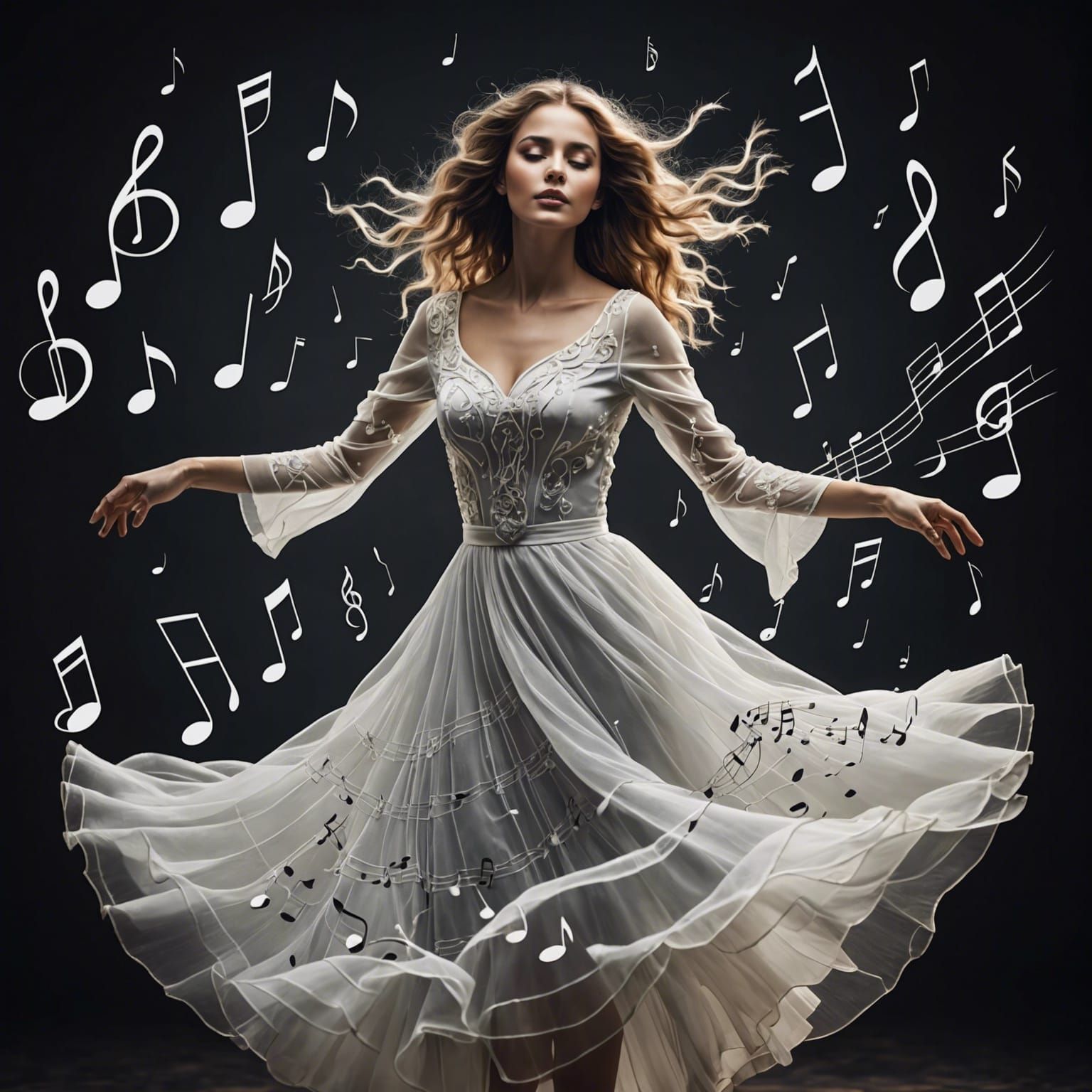 Ethereal Woman Dancing Among Music Notes