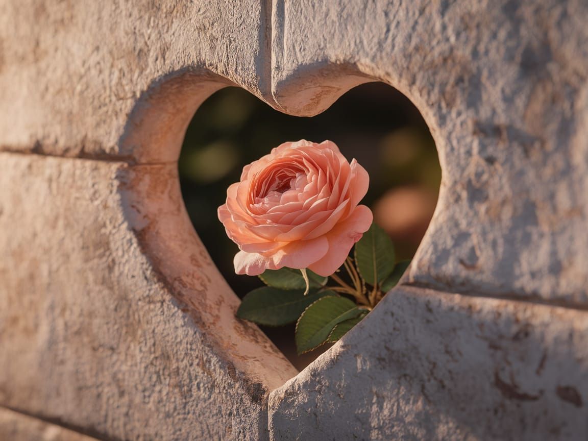 Peach Rose Through Heart-Shaped Stone Wall