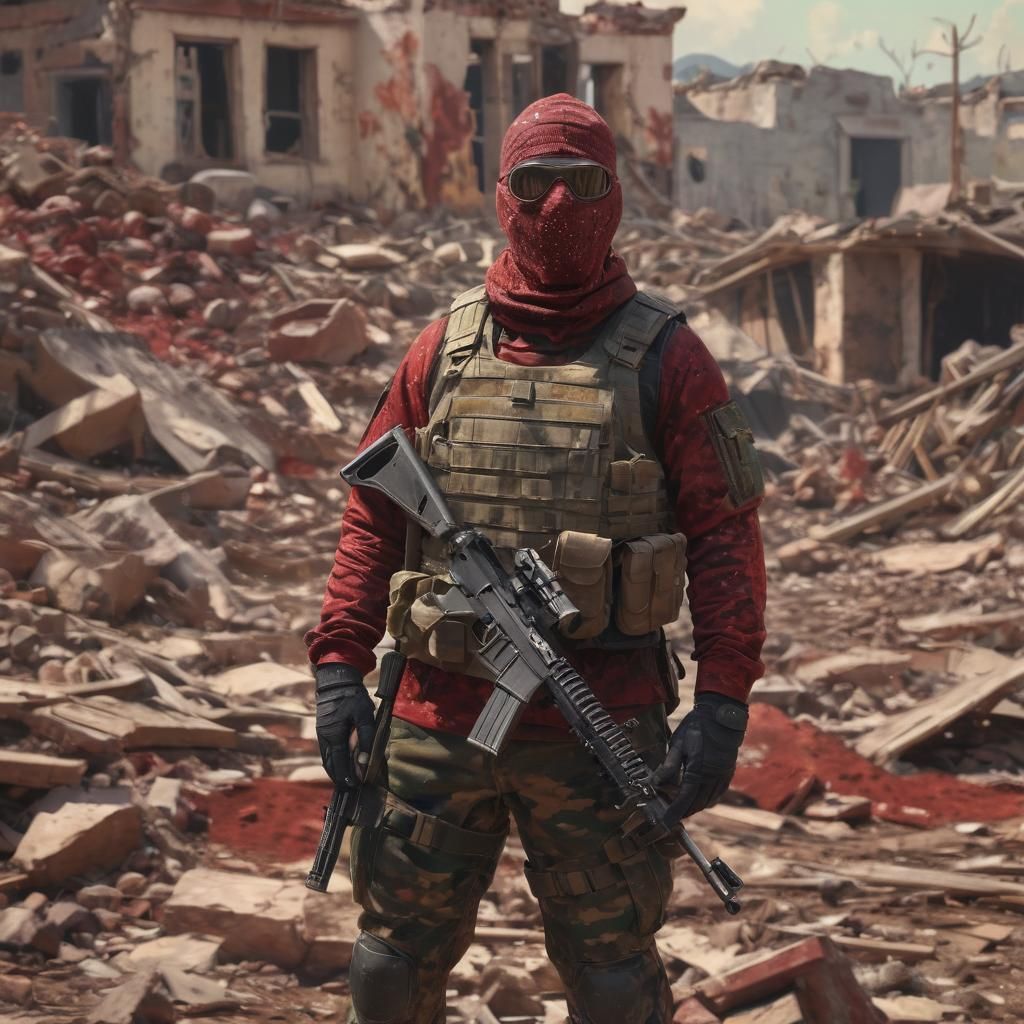 Soldier in Red Camo Patrolling War-Torn Base