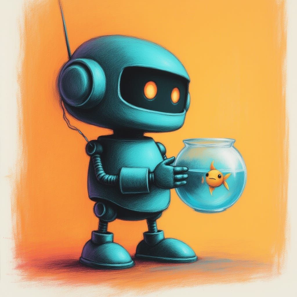 Cute Robot Holding a Fishbowl